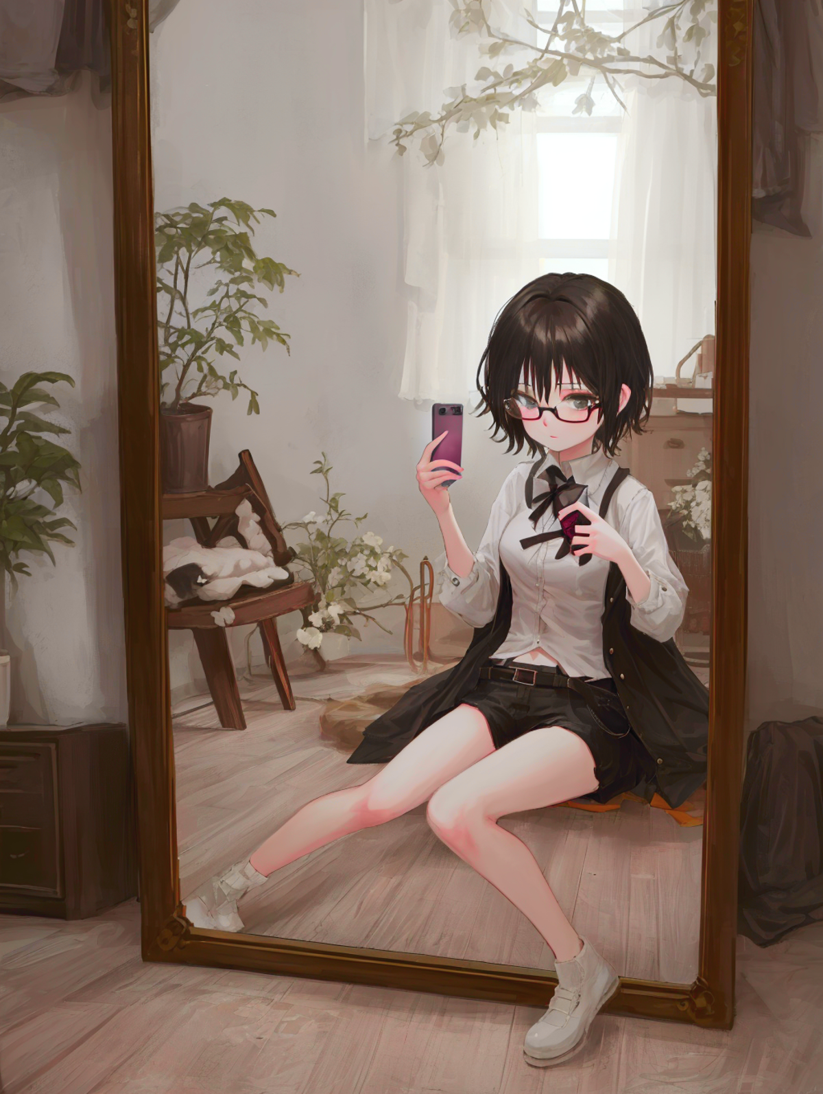 (1girl_1.1), lying,  (mirror_1.1),( holding phone_1.1), clothes, short hair, glasses,